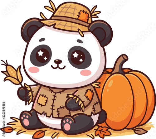 Cute Baby Panda Scarecrow with Pumpkin and Corn Illustration