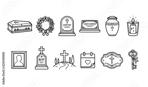 Funeral and Memorial Service Outline Icons Coffin Urn Grave Candle Vector Collection