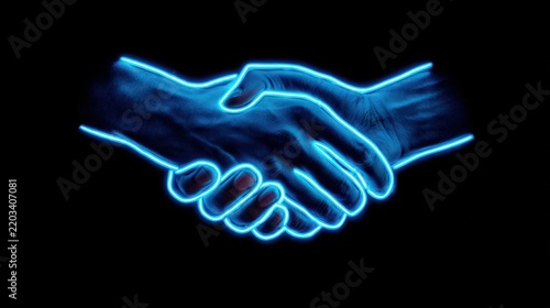 Neon blue glowing handshake digital illustration on black background representing modern business partnership and professional digital collaboration