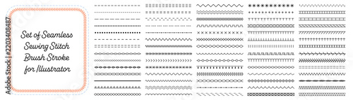 Big Seamless Sewing Stitch Brush Collection with Hand Drawn Threaded Lines and Decorative Textile Strokes for Adobe Illustrator, Vector Illustration