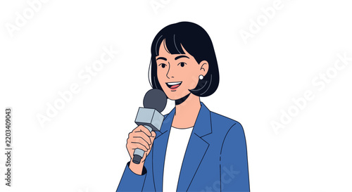 Vector illustration of a female journalist or news reporter speaking into a microphone, suitable for media, journalism, communication, and broadcasting concepts.