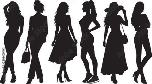 Stylish Female Models in Black Silhouette different pose standing isolated on white background