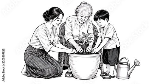 Generational Gardeners: A tender illustration depicts three generations, a grandmother, mother, and child, working together to plant a small seedling in a pot.