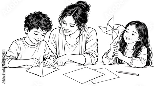 Origami Fun: A mother teaches her two children origami, fostering creativity and bonding over a shared activity with paper crafts and a pinwheel.