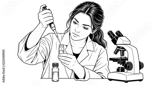 Scientist Conducting Research: A focused female scientist in a lab coat carefully uses a pipette to transfer liquid into a vial, with a microscope nearby, suggesting a laboratory research setting.