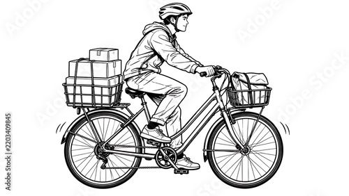 Delivery Cyclist with Packages: A cyclist wearing a helmet and hoodie rides a bicycle laden with packages in the front and rear baskets, illustrating a scene of urban delivery.
