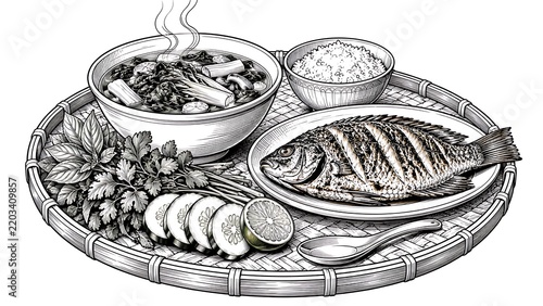 Traditional Asian Meal Platter: A finely detailed black and white illustration of a woven platter laden with a steaming bowl of soup, a perfectly grilled fish, a side of fluffy rice.
