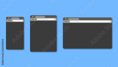 Three different sizes of web browser windows representing responsive web design concepts on a blue background