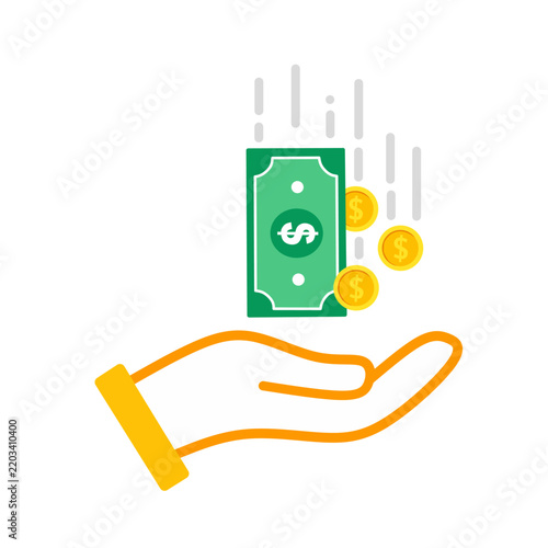 Hand Receiving Money with Falling Cash, Financial Support, Payment and Income Illustration