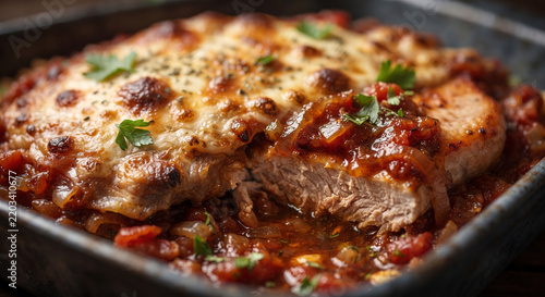 Close-up food shot emphasizing the glossy, rich texture of the savory sweet-and-sour tomato and onion sauce clinging to the melted cheese 