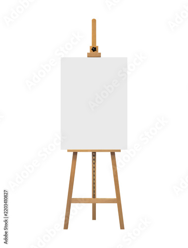 Front view professional wooden easel with empty canvas isolated on white background