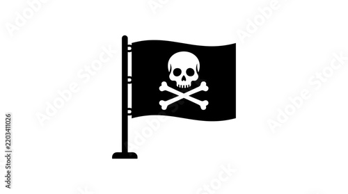 Pirate flag with skull and crossbones on flagpole.