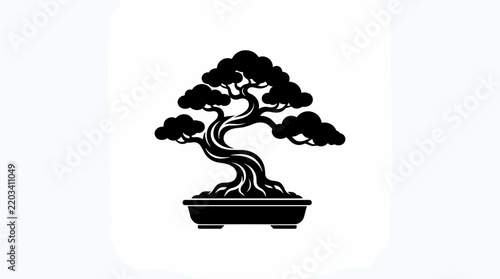 Stylized Bonsai Tree Silhouette in a Pot.