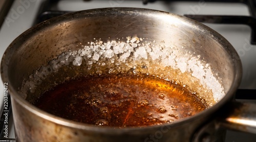 Melting sugar caramelizing inside saucepan on stove top
