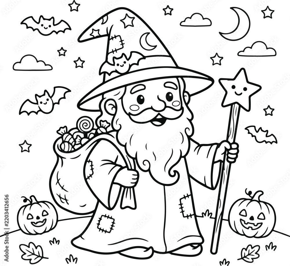 Fototapeta premium Cute wizard with a long beard holding a sack of candy and a star wand