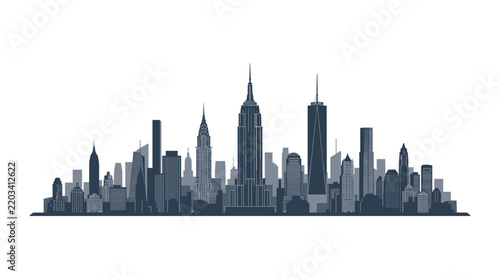 New York City skyline silhouette in blue and gray for travel, tourism, architecture, and urban design