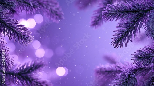 Violet winter background with frosted pine branches and bokeh