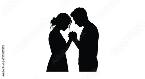 Silhouette of a couple holding hands facing each other against a white background