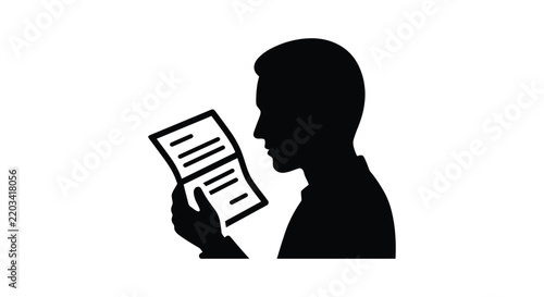 Silhouette of a person reading a document with lines against a white background