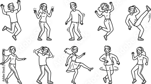 People Dancing and Listening to Music Line Art Set with Happy Characters for Party Celebration Designs