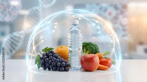 Healthy food and water bottle inside transparent protective shield for wellness and immunity content