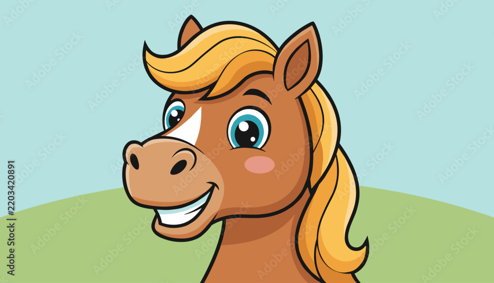 Obraz premium Close up portrait of a cheerful brown cartoon horse with a blonde mane against a sky background.