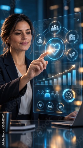 Professional businesswoman interacting with advanced futuristic digital health analytics interface