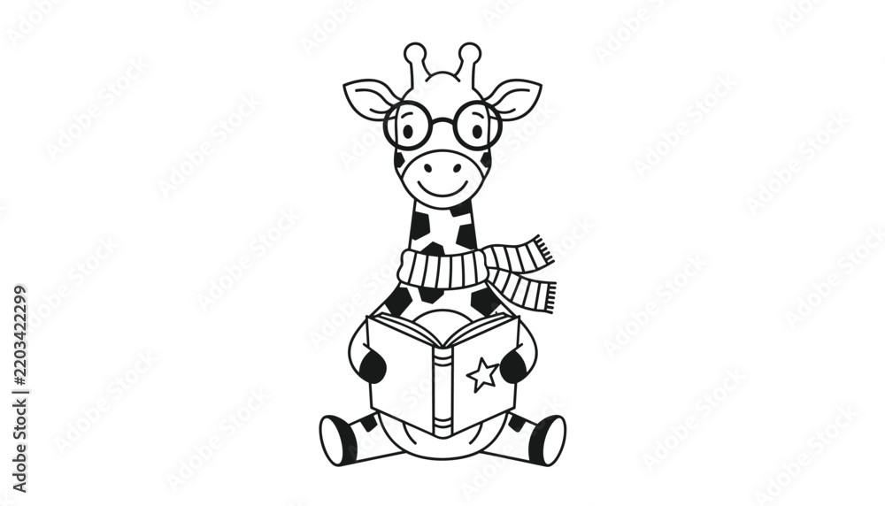 Fototapeta premium Sweet cartoon giraffe wearing glasses and a striped scarf sits down to read a book in this black outline drawing.