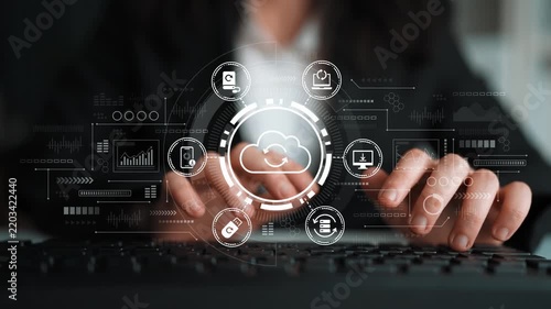 Business professional using technology and digital interface for cloud computing, data analytics, and online collaboration tools in modern workspace. Entropy.