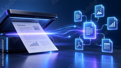 Plakat w ramie Office scanner converting physical paper document into digital file network representing data digitization process