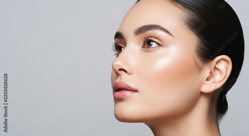 Obraz premium Beauty portrait of young woman with glowing skin and natural makeup looking away