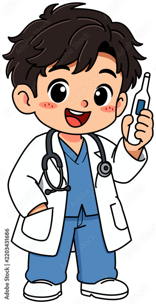 Fototapeta premium Cute Young Male Doctor Holding Digital Thermometer with Hand in Pocket Vector Illustration
