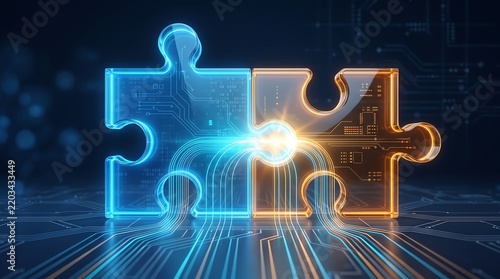 Two glowing puzzle pieces connected by digital circuits representing data integration and technological synergy in professional business environment with dark background and light trails