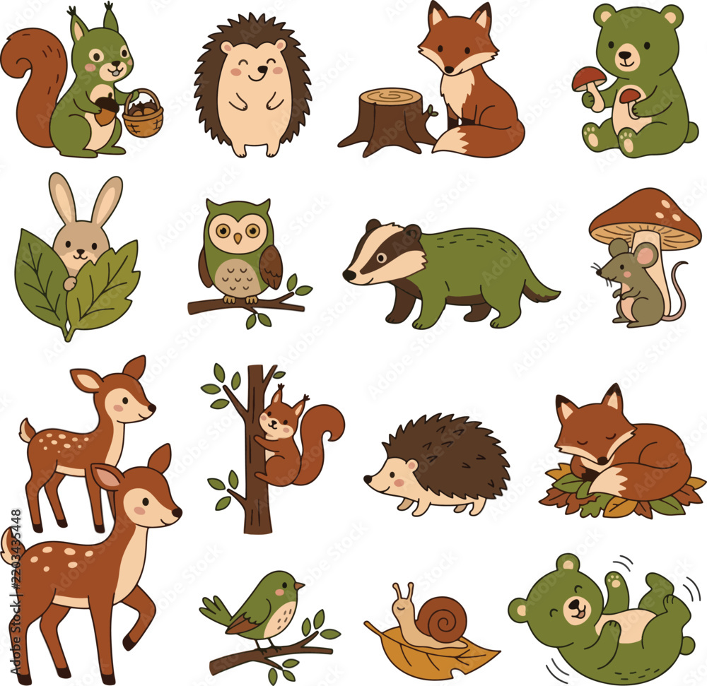 Obraz premium Charming woodland wildlife collection featuring adorable cartoon forest creatures like deer, foxes, bears, and owls engaging in playful everyday forest activities across multiple lively panels
