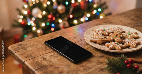 A smartphone lies on a rustic wooden table next to a plate of decorated cookies, with a festive Christmas tree illuminated in the background.