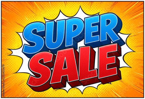 Bright and explosive comic book style super sale banner with bold letters and vibrant colors
