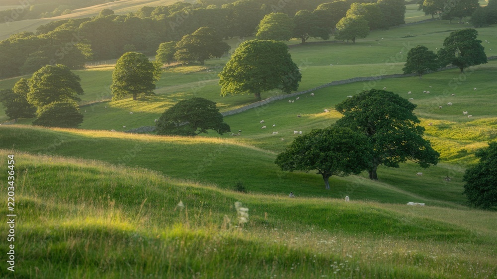 Obraz premium Rolling green countryside with trees, stone wall, sheep, and evening sunlight
