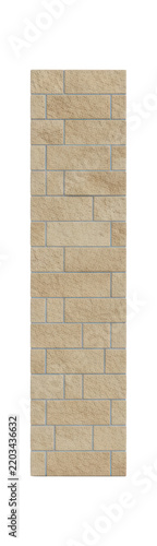 A vertical architectural column crafted from light tan sandstone blocks in a perfect running bond pattern with thin mortar joints, isolated on a transparent studio background with copy space,