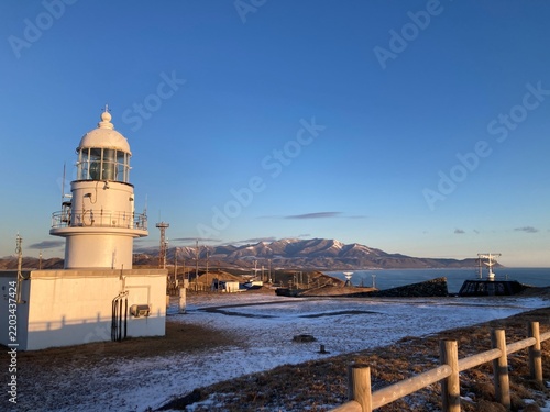 Erimo Lighthouse at Cape Erimo on a snowy winter morning in Hokkaido, Japan