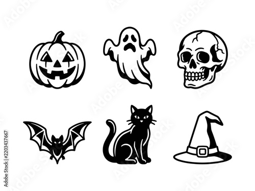 Halloween Icon Set with Pumpkin Ghost Skull Bat Cat and Witch Hat