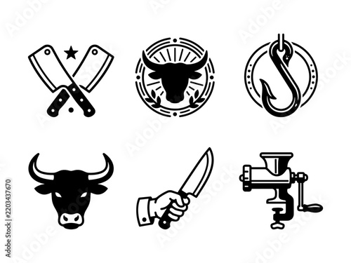 Butcher Shop and Meat Industry Vector Icons and Logos Set