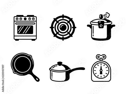 Kitchen Utensils and Appliance Icon Set for Cooking and Food Prep