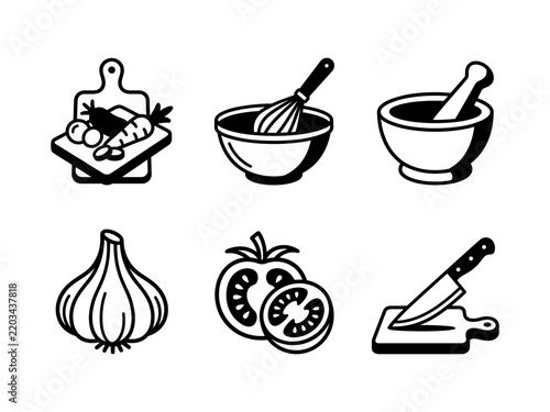 Minimalist Kitchen Icon Set and Food Preparation Vector Graphics