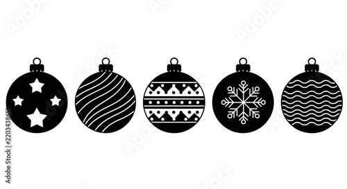 Set of five flat vector Christmas holiday icons featuring a green decorated pine tree, red gift box with ribbon, Santa Claus hat, reindeer silhouette, and a gold hanging bauble ornament.