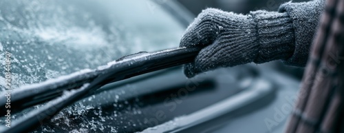 Driver cleaning frozen windshield wiper on a car during winter  