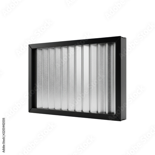 Elongated rectangular industrial ventilation grate with silver corrugated metal slats in a thick dark frame, isolated on a seamless bright white background with copy space, low-angle 3D render.