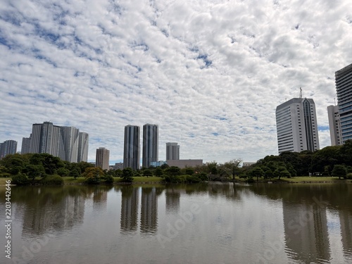 tokyo skyline with blue sky and white clouds 