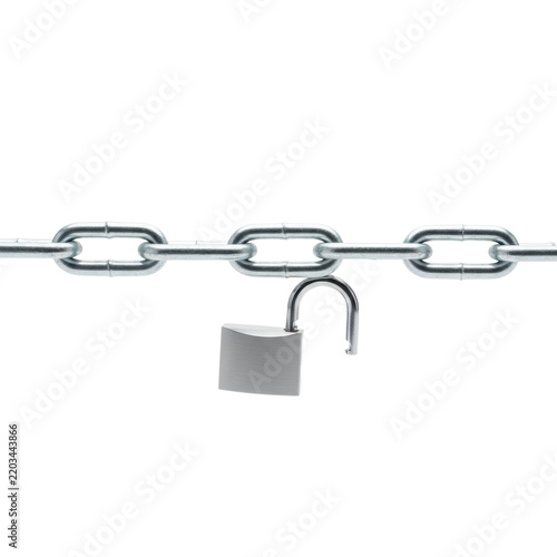 Bright silver industrial galvanized metal chain with an unlocked, open polished steel padlock hanging vertically, on a crisp white infinity background, concept of security and access