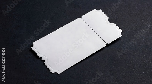 Blank white paper admission ticket mockup on dark textured stone background, cinema or event raffle ticket template for branding and design presentation, isolated coupon with perforated edges.