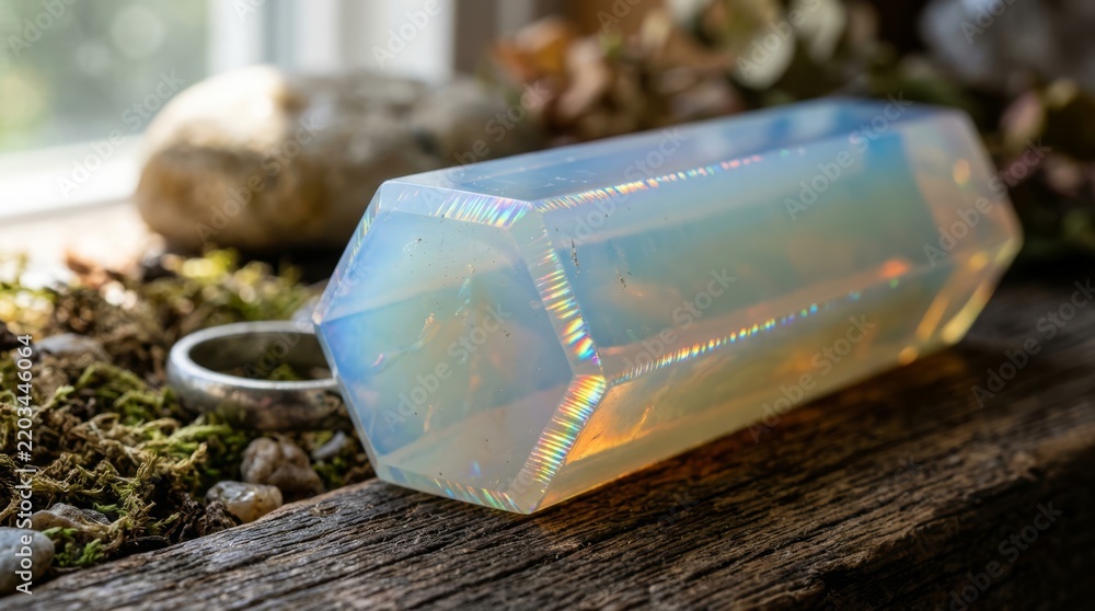 Obraz premium Hexagonal crystal displaying rainbow refraction on wooden surface with natural elements
